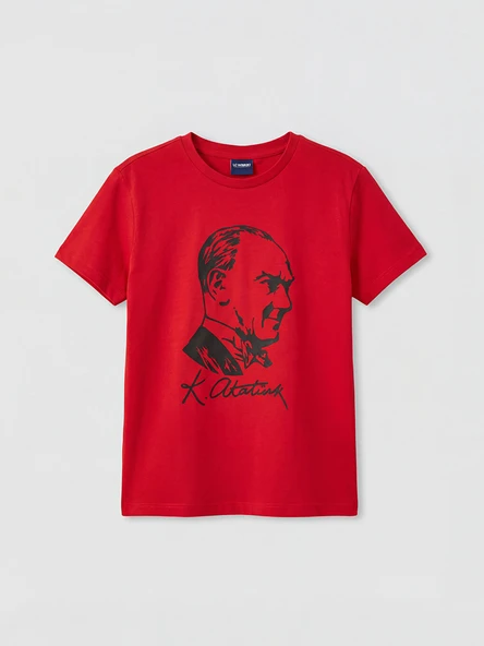 LCW Kids Kırmızı Bisiklet Yaka Atatürk Baskılı Kız Çocuk Tişört ürün görseli 1