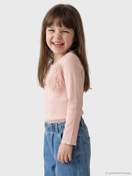 LCW Kids Pembe Çiçek Aplikeli Fitilli Kız Çocuk Simli Tişört ürün görseli 1
