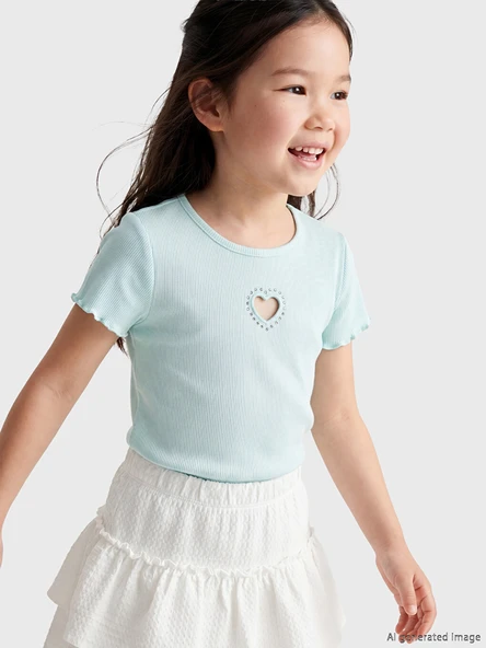 LCW Kids Turkuaz Bisiklet Yaka Nakışlı Kız Çocuk Fitilli Tişört ürün görseli 1