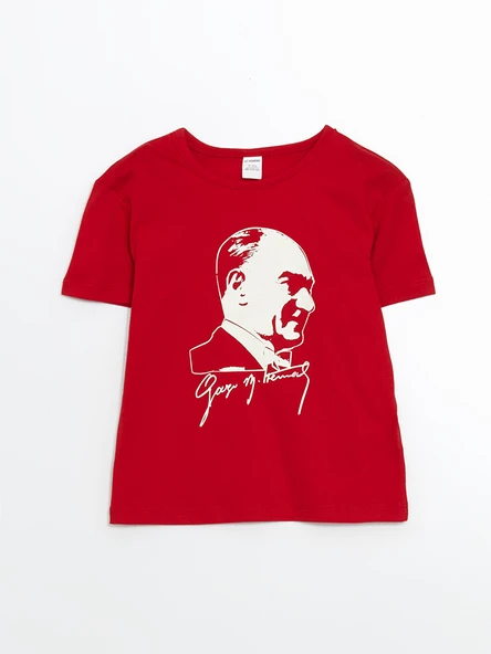 LCW Kids Kırmızı Bisiklet Yaka Atatürk Baskılı Kız Çocuk Tişört ürün görseli 1
