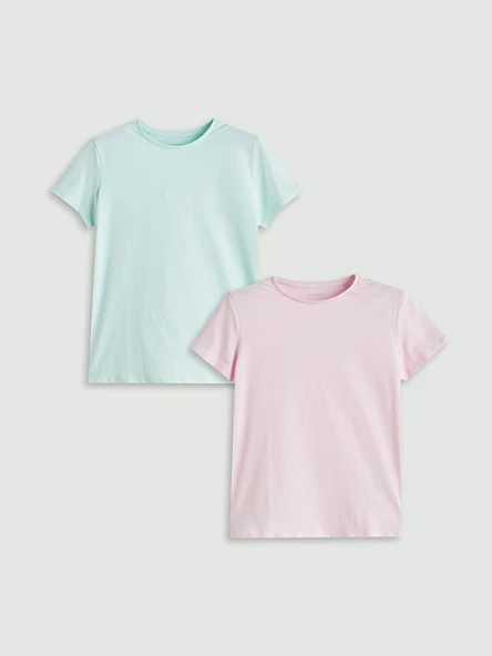 LCW Kids Pembe Bisiklet Yaka Kız Çocuk Tişört 2'li ürün görseli 1