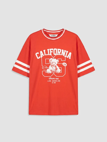LCW Kids Kırmızı Bisiklet Yaka California Baskılı Kız Çocuk Tişört ürün görseli 1