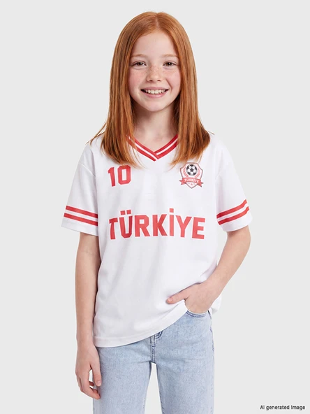 LCW Kids Beyaz Türkiye Baskılı Kız Çocuk Forma Tişört ürün görseli 1