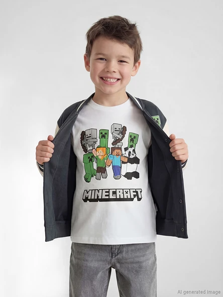 LCW Kids Beyaz Minecraft Baskılı Erkek Çocuk Tişört ürün görseli 1