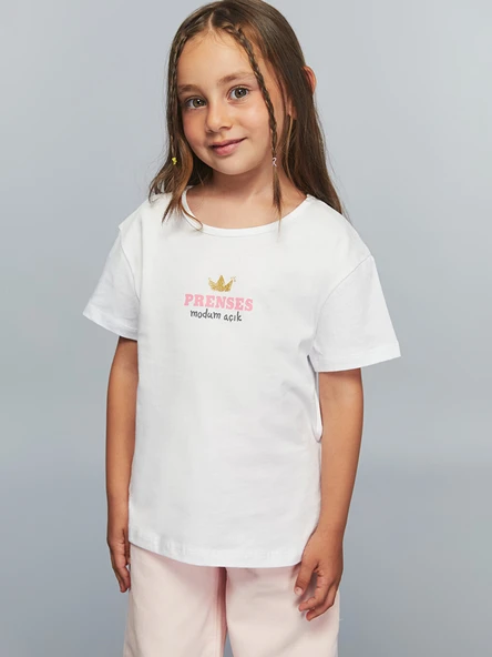 LCW Kids Beyaz Bisiklet Yaka Slogan Baskılı Kız Çocuk Tişört ürün görseli 1