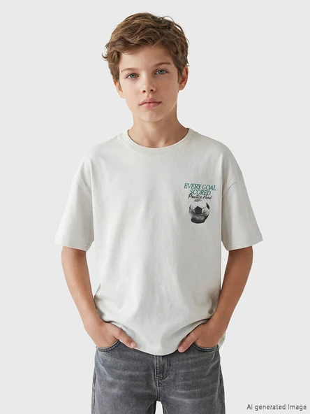 LCW Kids Bej Bisiklet Yaka Baskılı Erkek Çocuk Tişört ürün görseli 1