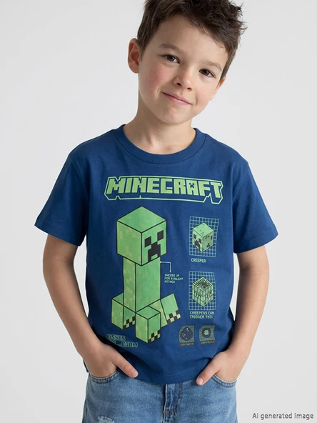 LCW Kids Lacivert Bisiklet Yaka Minecraft Baskılı Erkek Çocuk Tişört ürün görseli 1
