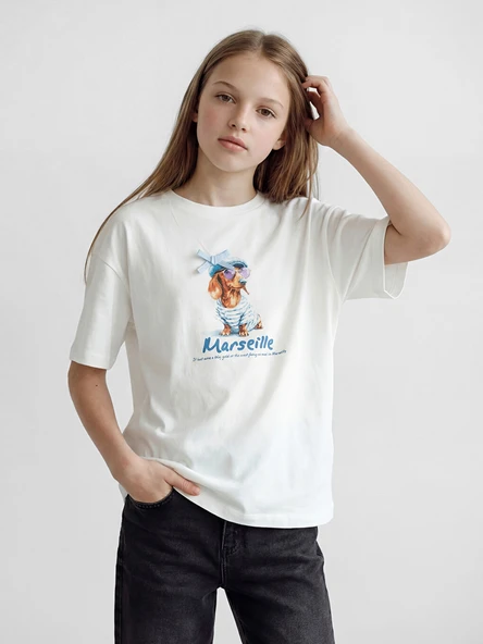 LCW Kids Beyaz Bisiklet Yaka Baskılı Kız Çocuk Tişört ürün görseli 1