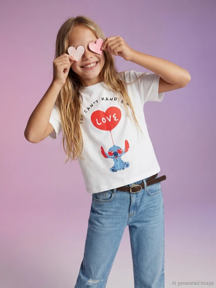 LCW Kids Beyaz Stitch Baskılı Kız Çocuk Tişört ürün görseli 1