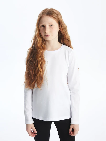 LCW Kids Beyaz Bisiklet Yaka Basic Uzun Kollu Kız Çocuk Tişört ürün görseli 1