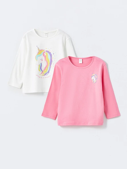 LCW Kids Pembe Bisiklet Yaka Baskılı Kız Çocuk Bluz 2'li ürün görseli 1