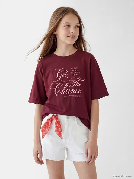LCW Kids Bordo Bisiklet Yaka Baskılı Kız Çocuk Tişört ürün görseli 1