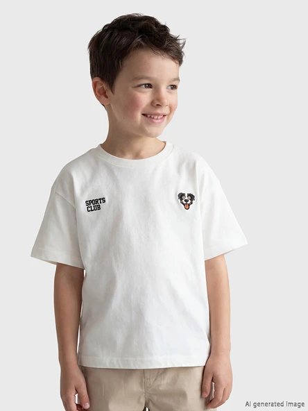 LCW Kids Beyaz Bisiklet Yaka Nakışlı Erkek Çocuk Tişört ürün görseli 1