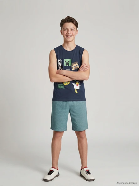LCW Kids Lacivert Bisiklet Yaka Minecraft Baskılı Erkek Çocuk Atlet ürün görseli 1