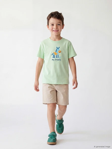 LCW Kids Yeşil Hayvan ve Slogan Baskılı Erkek Bebek Tişört ürün görseli 1
