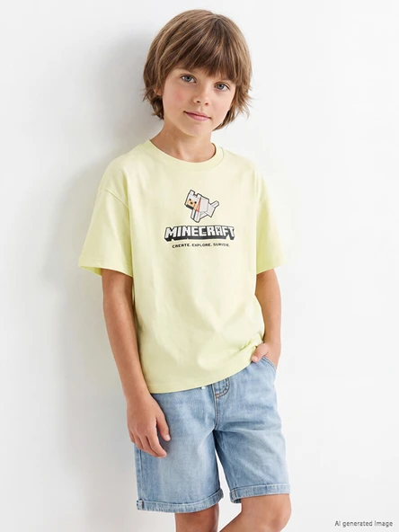 LCW Kids Yeşil Bisiklet Yaka Minecraft Baskılı Erkek Çocuk Tişört ürün görseli 1