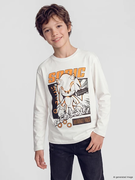 LCW Kids Beyaz Bisiklet Yaka Sonic Baskılı Erkek Çocuk Tişört ürün görseli 1