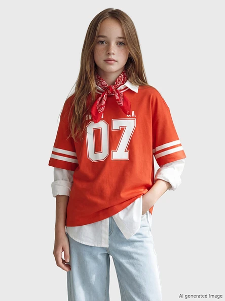 LCW Kids Kırmızı Bisiklet Yaka Kız Çocuk Baskılı Tişört ürün görseli 1