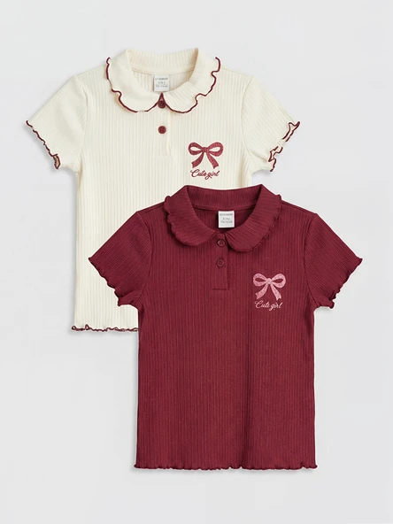 LCW Kids Bordo Polo Yaka Baskılı Kız Çocuk Fitilli Tişört 2'li ürün görseli 1