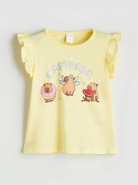LCW Kids Sarı Bisiklet Yaka Baskılı Kız Çocuk Tişört ürün görseli 1