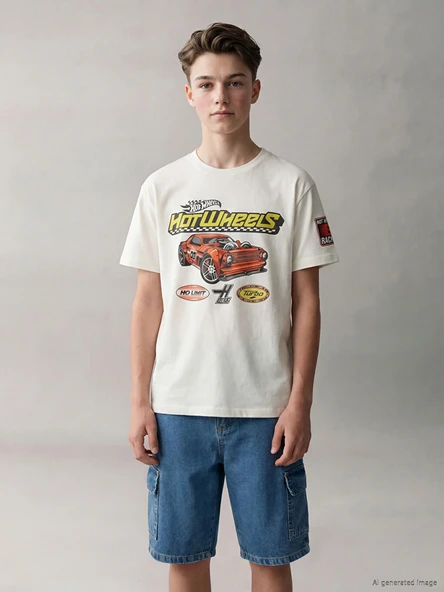 LCW Kids Beyaz Bisiklet Yaka Hot Wheels Baskılı Erkek Çocuk Tişört ürün görseli 1