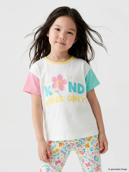 LCW Kids Beyaz Bisiklet Yaka Baskılı Kız Çocuk Tişört ürün görseli 1