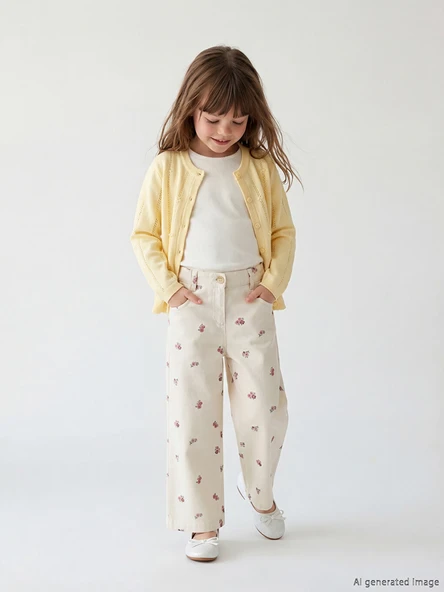 LCW Kids Ekru Çiçek Desenli Kız Çocuk Gabardin Pantolon ürün görseli 1