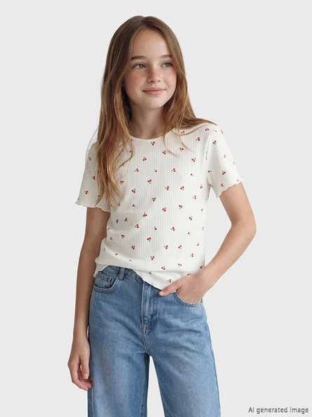 LCW Kids Ekru Kiraz Baskılı Kız Çocuk Fitilli Tişört ürün görseli 1