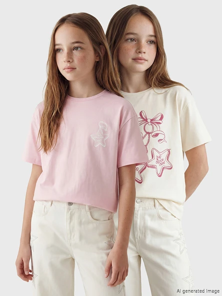 LCW Kids Ekru Baskılı Kız Çocuk Tişört 2'li ürün görseli 1