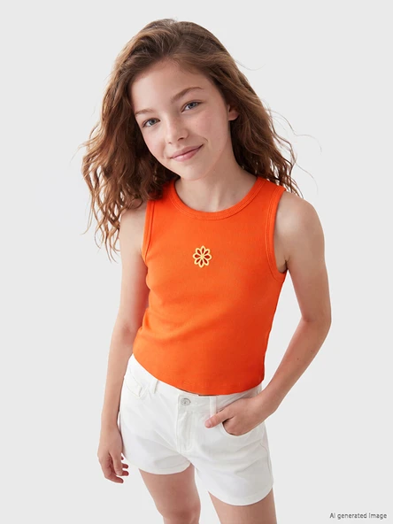 LCW Kids Turuncu Bisiklet Yaka Çiçekli Kız Çocuk Atlet ürün görseli 1