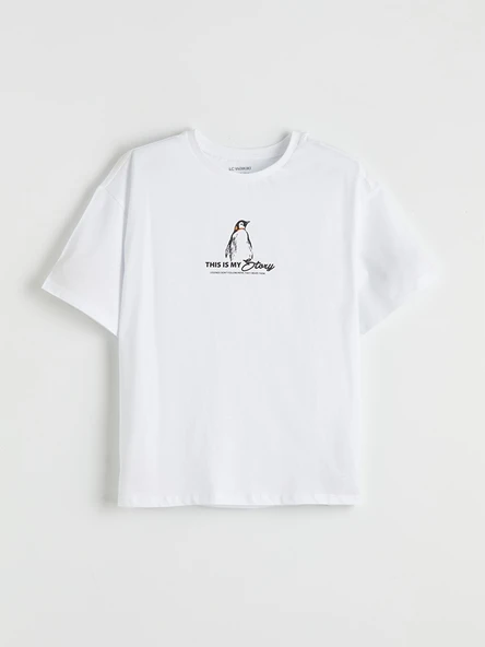 LCW Kids Beyaz Bisiklet Yaka Penguen Baskılı Kız Çocuk Tişört ürün görseli 1