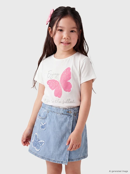 LCW Kids Beyaz Kelebek Baskılı Kız Çocuk Penye Tişört ürün görseli 1