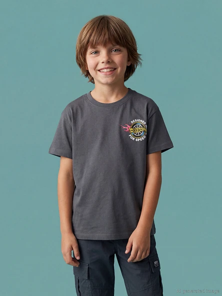 LCW Kids Antrasit Bisiklet Yaka Hot Wheels Baskılı Erkek Çocuk Tişört ürün görseli 1