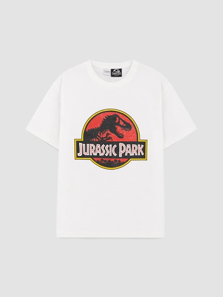 LCW Kids Beyaz Bisiklet Yaka Jurassic Park Baskılı Erkek Çocuk Tişört ürün görseli 1