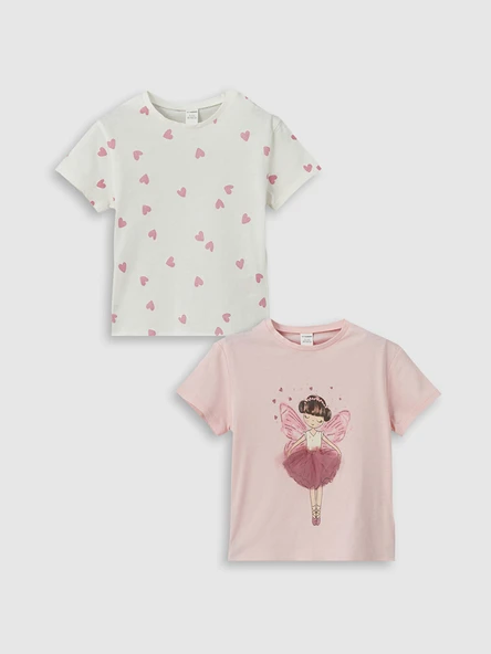 LCW Kids Pembe Bisiklet Yaka Baskılı Kız Çocuk Tişört 2'li ürün görseli 1