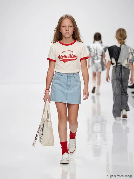 LCW Kids Beyaz Hello Kitty Baskılı Kız Çocuk Fitilli Tişört ürün görseli 1