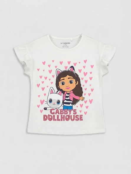 LCW Kids Beyaz Bisiklet Yaka Gabby's Dollhouse Baskılı Kız Çocuk Tişört ürün görseli 1