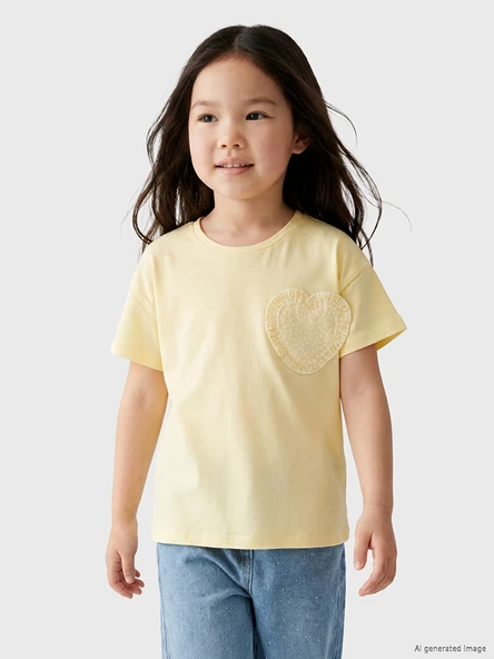 LCW Kids Sarı Bisiklet Yaka Kalp Detaylı Kız Çocuk Tişört ürün görseli 1