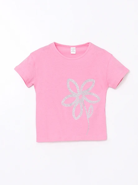 LCW Kids Pembe Bisiklet Yaka Çiçekli Penye Kız Çocuk Tişört ürün görseli 1