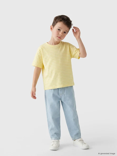 LCW Kids Sarı Bisiklet Yaka Çizgili Erkek Çocuk Tişört ürün görseli 1