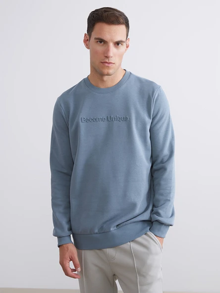 LCWAIKIKI Classic İndigo Bisiklet Yaka Baskılı Erkek Sweatshirt ürün görseli 1