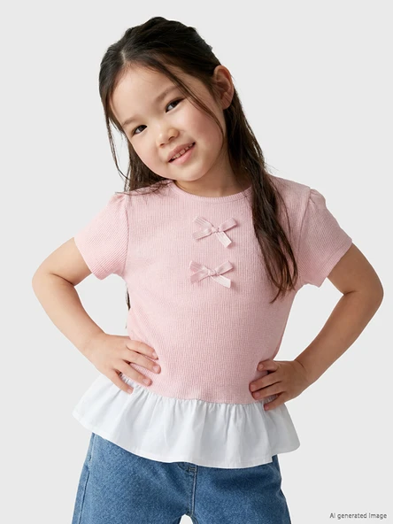 LCW Kids Pembe Fiyonk Detaylı Kız Çocuk Tişört ürün görseli 1