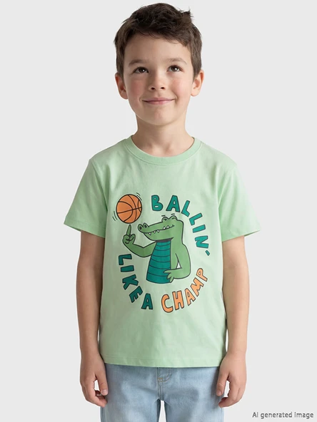 LCW Kids Yeşil Dinozor Baskılı Erkek Çocuk Penye Tişört ürün görseli 1