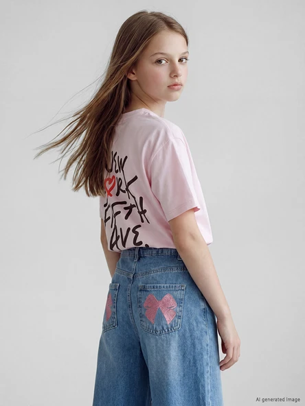 LCW Kids Pembe NYC Yazı Baskılı Kız Çocuk Tişört ürün görseli 1