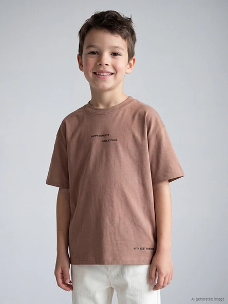 LCW Kids Kahverengi Bisiklet Yaka Yazı Baskılı Erkek Çocuk Tişört ürün görseli 1