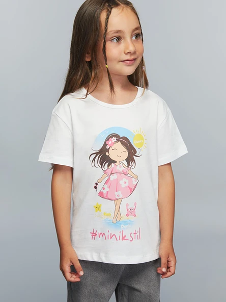 LCW Kids Beyaz Bisiklet Yaka Slogan Baskılı Kız Çocuk Tişört ürün görseli 1