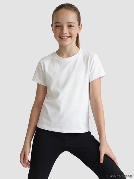 LCW Kids Beyaz Kız Çocuk Bisiklet Yaka Tişört ürün görseli 1