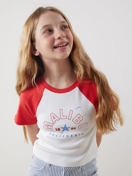 LCW Kids Kırmızı Bisiklet Yaka California Baskılı Kız Çocuk Crop Tişört ürün görseli 1