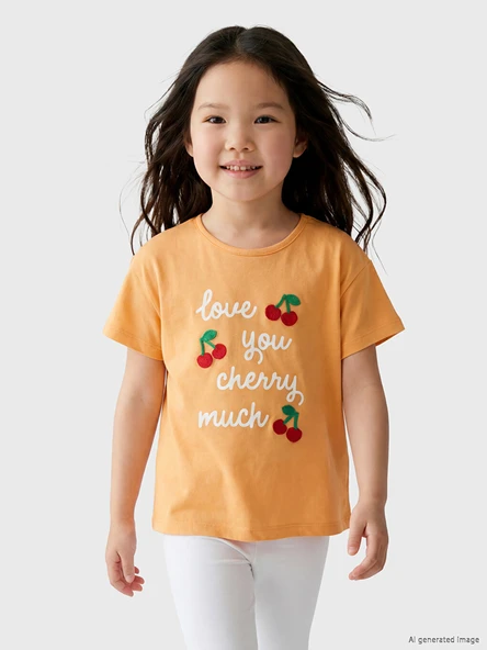 LCW Kids Turuncu Kiraz Nakışlı Kız Çocuk Tişört ürün görseli 1