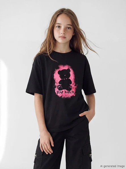 LCW Kids Siyah Bisiklet Yaka Baskılı Kız Çocuk Tişört ürün görseli 1
